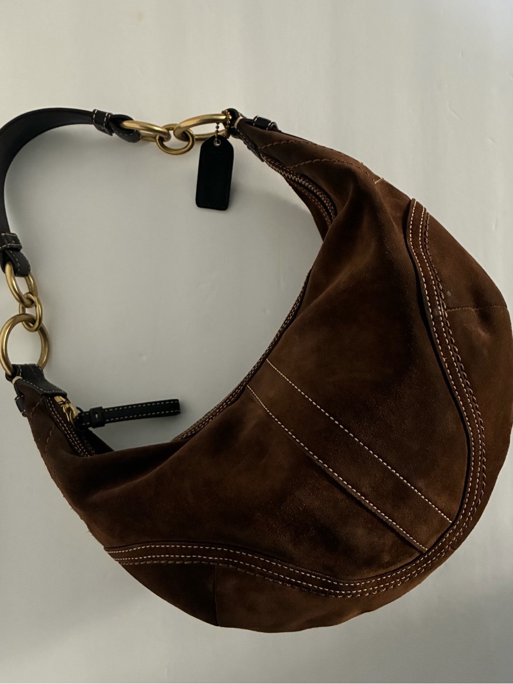 Coach Dark Brown Suede Crescent Shoulder Bag with Gold Hardware